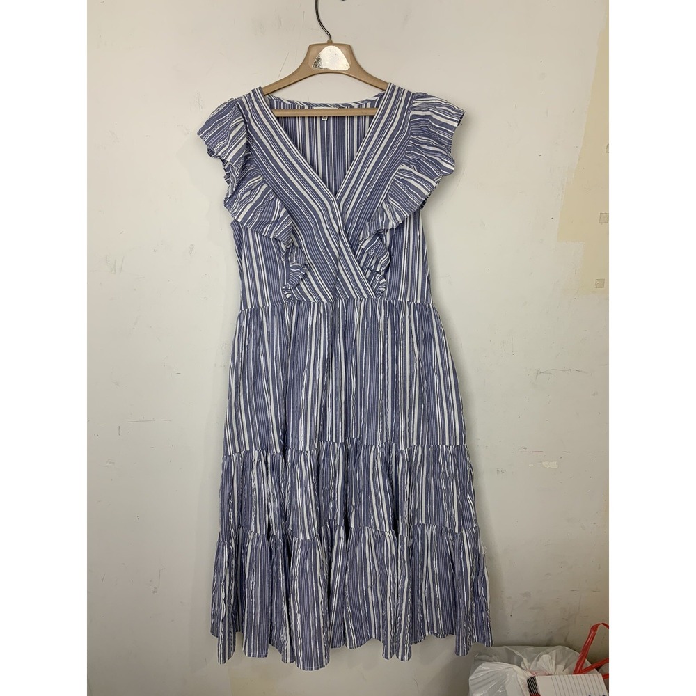 Crown & Ivy Womens Dress 14 Beachy Coastal Ruffle Cottage Striped Tiered Blue